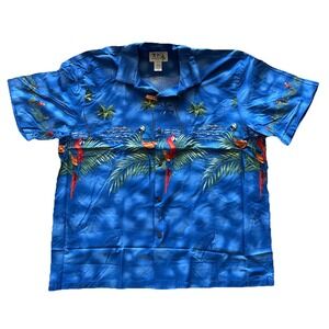 Vtg KY'S Hawaiian Button Up Aloha Shirt Parrot Palms Size 2XL Blue USA EUC